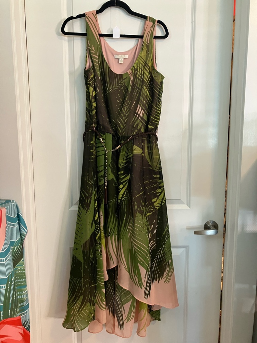 Palm-Print High-Low Maxi Dress in Green and Blush - Brand: